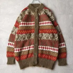 80s ヴィンテージ モヘアミックス シャギーニットカーディガン L相当 総柄