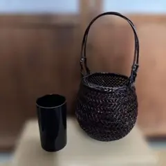 竹籠 花入 漆塗り 花器 筒落とし付き