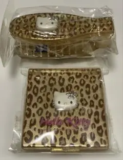 サンリオ　ハローキティ　ミラー付プラケース　折りたたみブラシ　ゴールド　ヒョウ柄