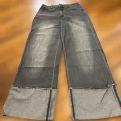 しまむら　Luitique ブラック ワイドレッグデニムパンツ　70cm