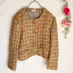 美品 HIGH TECH レディースツイードジャケット ウール87% ノーカラー