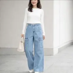 SHEIN ワイドデニムパンツ カーゴパンツ XS ライトブルー ハイウエスト