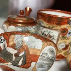 九谷造　骨董品　陶器 茶器と湯呑みセット 木箱いり