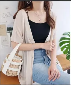 アンドミー　カーディガン　透け感　ベージュ　半袖　2way