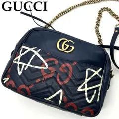 グッチ　チェーンショルダーバッグ　マーモント　GG柄　ゴースト　ネイビー
