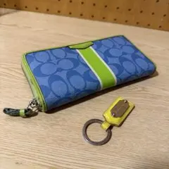 コーチ 長財布 ブルー/グリーン ストライプ【おまけ付】