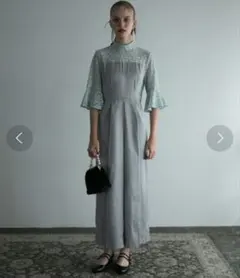 幾何学ラメレース フレアスリーブサテンパンツドレス Lサイズ