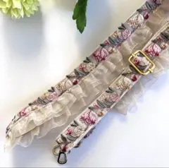 インド刺繍リボンショルダーストラップ　ベージュフリル付き　チューリップ柄
