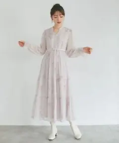 ベルト付きオパールドット×フラワープリントティアードワンピース