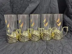 ガラスカップ 5客セット 金属色のホルダー付き （未使用品）