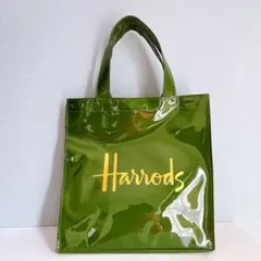 Harrods ハロッズ　トートバッグ　エナメル　グリーン　ゴールド　ロゴ