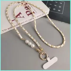 スマホショルダーストラップ　パール　ホワイト キルティング　チェーン