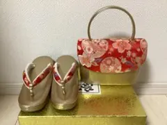中古品 Lサイズ❁⃘*.゜帯地振袖・成人式 草履＆バッグセット ゴールド 花柄 赤