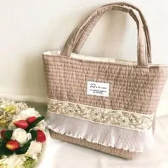 ピンク＊インド刺繍リボン×ヌビバッグ　ヌビトートバッグ　くすみピンク