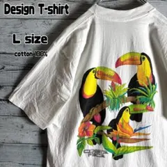 90s　オオハシ アニマルTシャツ 両面プリント 鳥 シングルステッチ　L　白