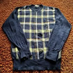 【希少リネン混】90s Burberrys 春ニット チェック 麻 綿 紺 L