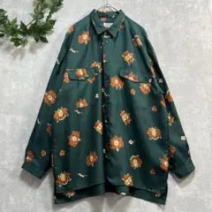 訳あり 深緑系 王冠柄 オーバーサイズ 古着 ヴィンテージ 柄シャツ メンズにも