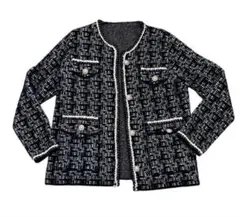 ノーカラージャケット 黒と白ツイード