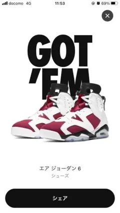 ナイキ エアジョーダン6 レトロ　カーマイン