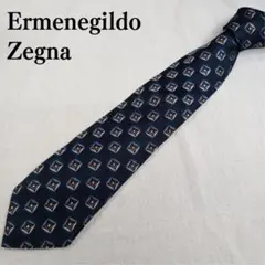 【美品】エルメネジルドゼニア　ネクタイ　紺　橙　水色　幾何学模様　絹【n2932