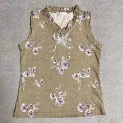 カットソー　ノースリーブ　花柄　フリルネック綿100% 平成レトロ　古着女子