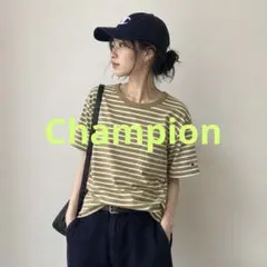 Champion ボーダーTシャツ ポケット付き カーキ オリーブ ゆるだぼ