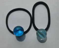 青いビー玉　ガラスヘアゴムセット