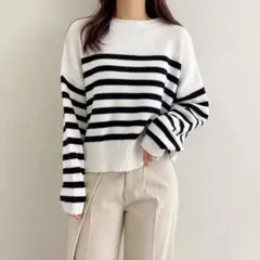【美品】AUNT MARIE’S ボーダーニット 白黒 オーバー F #103のサムネイル