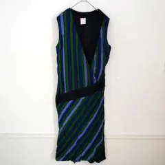 ぽ*む様 ストライプ ノースリーブワンピース 緑 青 紫 夏 きれいめ ひざ丈