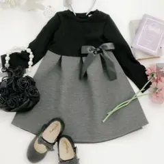 キャサリンコテージ　ワンピース　フロントリボン付きグレー・ブラックドレス　110