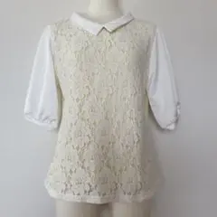 レディース 半袖 カットソー ブラウス レース 花柄 黄色 袖シフォン M