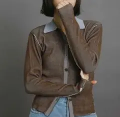 KBF カーディガン　バイカラーポロRIBニット　ブラウン×ブルー