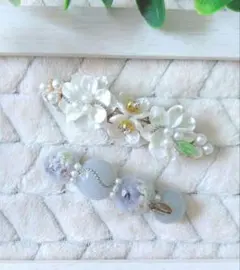 フラワー　ヘアバレッタセット（ホワイトパールフラワー/ライトグレー）