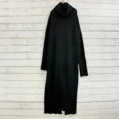 タートルネック ニットワンピース 黒 M マキシ丈 バックスリット ストレッチ有