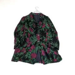 レトロ ソフトテーラードジャケット　黒×緑☆花柄　ビックボタン　ヴィンテージ古着