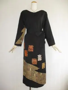 Ｌ～2Ｌサイズ黒留袖からの着物リメイクドレスです 　着丈１２３cm