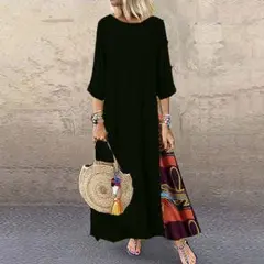 ワンピース ロング ブラック 大きいサイズ 軽量 楽ちん 大人 エスニック柄