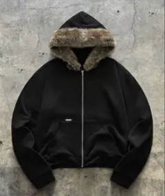 ファー付き ジップアップパーカー 黒色 swag y2k ブラック m