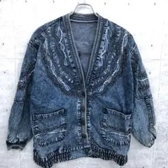 ヴィンテージライク 古着 デコラティブ刺繍入 ノーカラーデニムジャケット