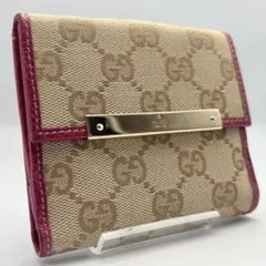 GUCCI グッチ シマレザー GG柄 二つ折り財布 ピンク ゴールド金具