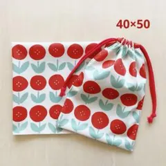 給食セット 巾着&ランチョンマット 北欧風ボタンフラワー＊レッド＊両紐5