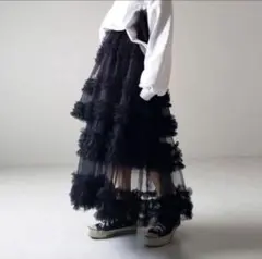 シアーフリルレイヤードボリュームチュールスカート　ブラック　黒　フリー　F