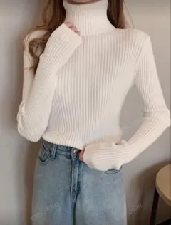 【SHEIN】ホワイトリブ編みタートルネックセーター
