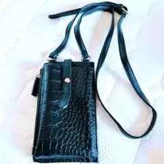 黒クロコダイル型押しスマホショルダーバッグ/カード入れ小銭入れ美品