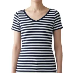 新品70%OFF ボナジョルナータ Vネック ボーダー 半袖Tシャツ M 白 紺のサムネイル