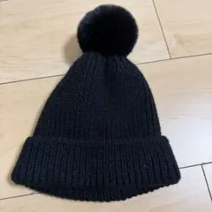 ブラック ポンポン付き ベビー帽子 50-52cm