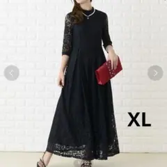 新品 レースレディース 総レース ロングワンピース ドレス フォーマル XL 黒
