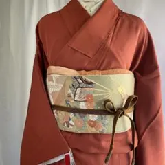 縮緬　色無地　一紋　訪問着フルセット　エビ茶色　花柄袋帯　4点セット