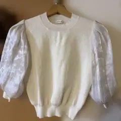 美品 FRAY I.D 異素材ニット パフスリーブ シアー袖 ホワイト