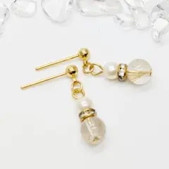 天然石　ピアス　6mm【ルチルクォーツ】　一粒石　ハンドメイド